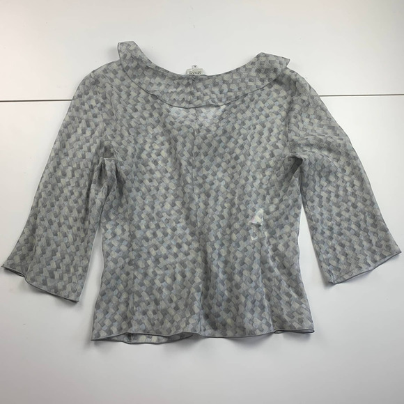SOLD Armani Collezioni Vintage Y2K Gray 3/4 Crop Sleeve Ruffle Neck Sheer Silk - Picture 3 of 14